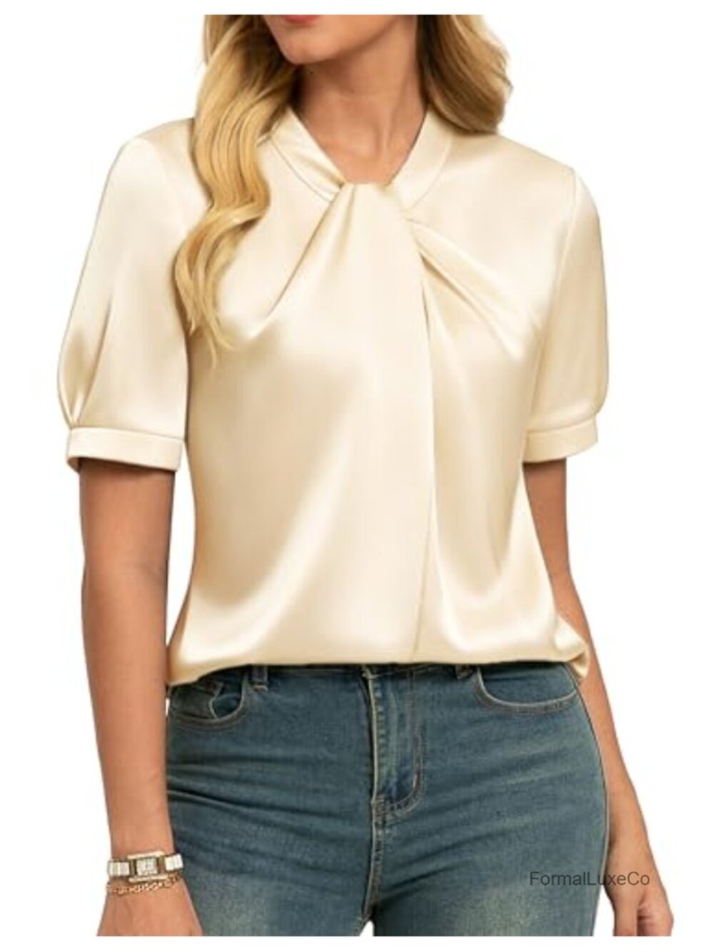 Satin Short Sleeve Mock Neck Blouse Button Down Work Top